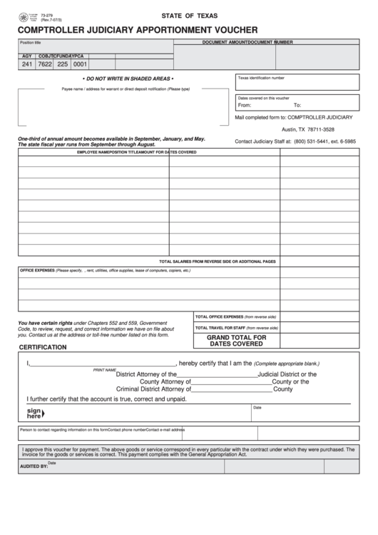 Fillable Form 73-279 7/7/3 - Comptroller Judiciary Apportionment Voucher - State Of Texas Printable pdf