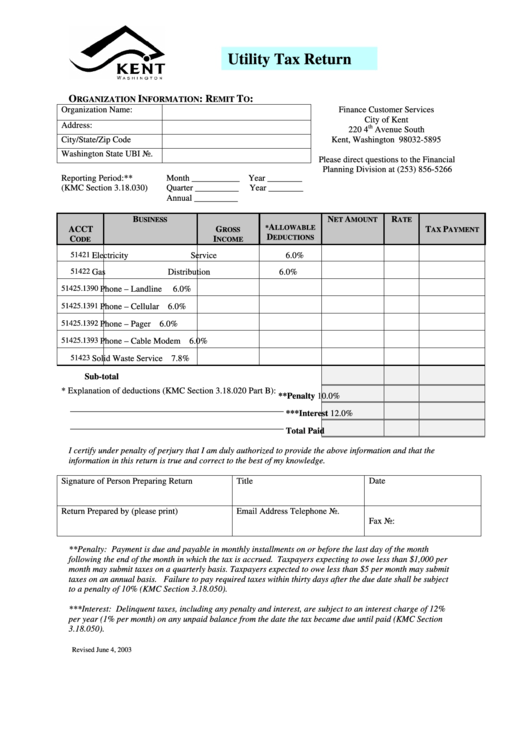 Utility Tax Return Form - City Of Kent - Finance Customer Services Printable pdf