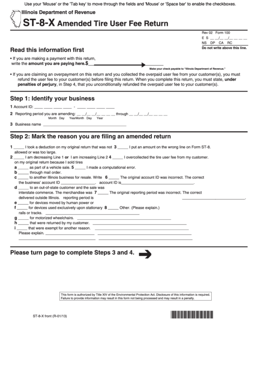 Fillable Form St-8-X - Amended Tire User Fee Return Printable pdf
