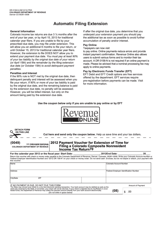 Form Dr 0158-N - Payment Voucher For Extension Of Time For Filing A Colorado Composite Nonresident Income Tax Return - 2012 Printable pdf