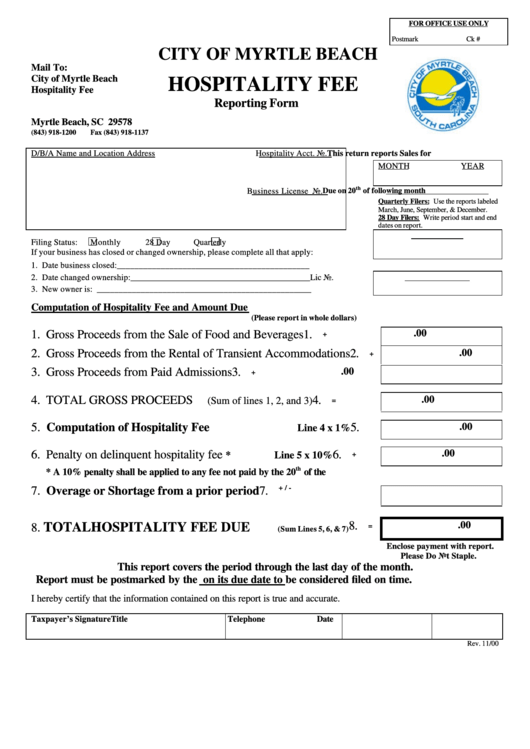Hospitality Fee Reporting Form - City Of Myrtle Beach, South Carolina Printable pdf