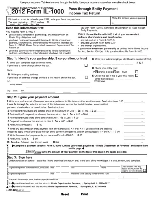 Fillable Form Il-1000 - Pass-Through Entity Payment Income Tax Return - 2012 Printable pdf