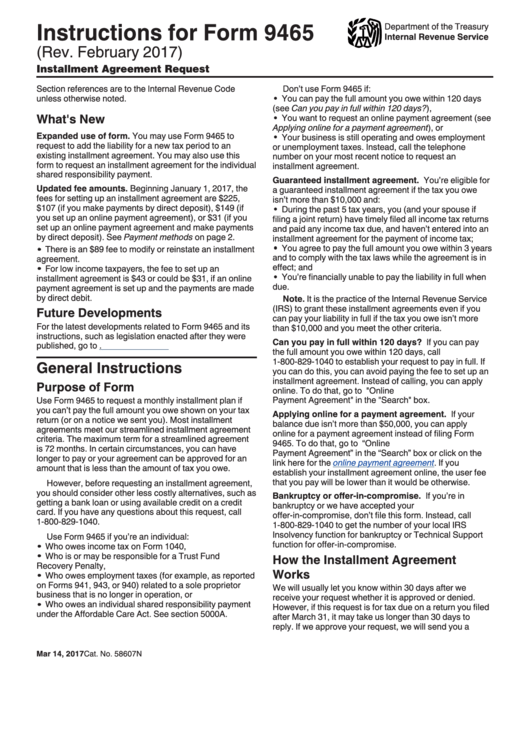 Instructions For Form 9465 - Installment Agreement Request Printable pdf