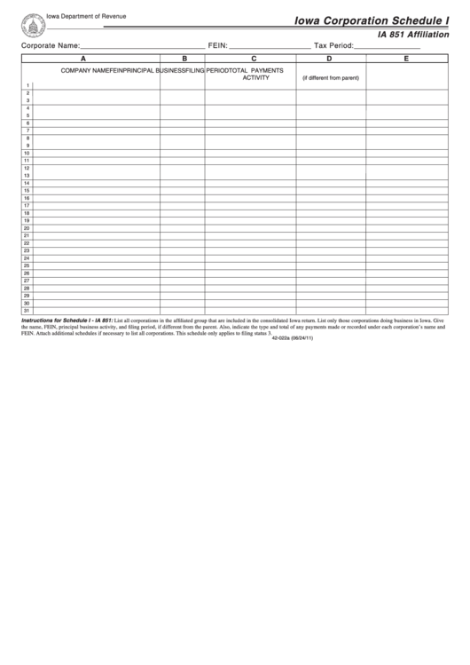 Fillable Form 42-022a 6/24/11 - Iowa Corporation Schedule I - Iowa Department Of Revenue Printable pdf