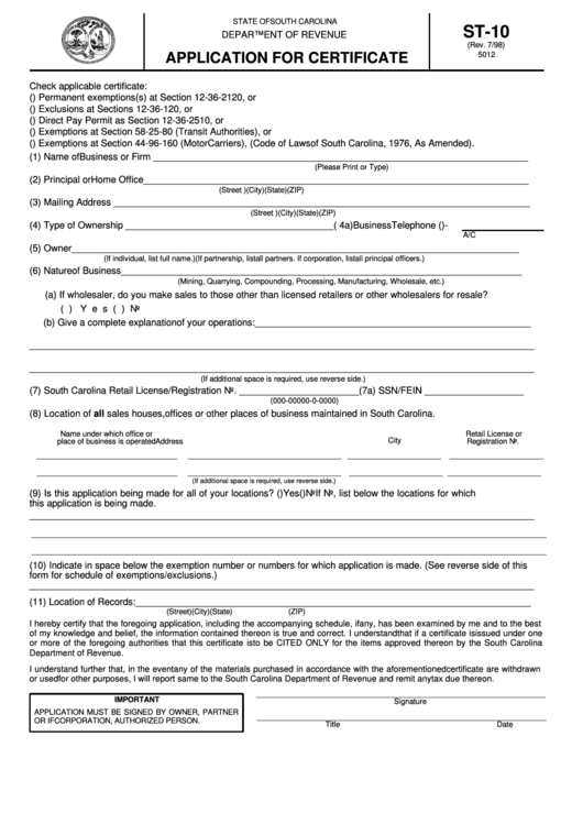 Fillable Form St-10 - Application For Certificate - South Carolina Printable pdf