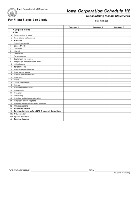 Form 42-021d - Iowa Corporation Schedule H2 (Consolidating Income Statements) Printable pdf