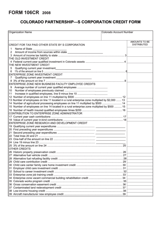 Form 106cr Colorado PartnershipS Corporation Credit 2008 printable