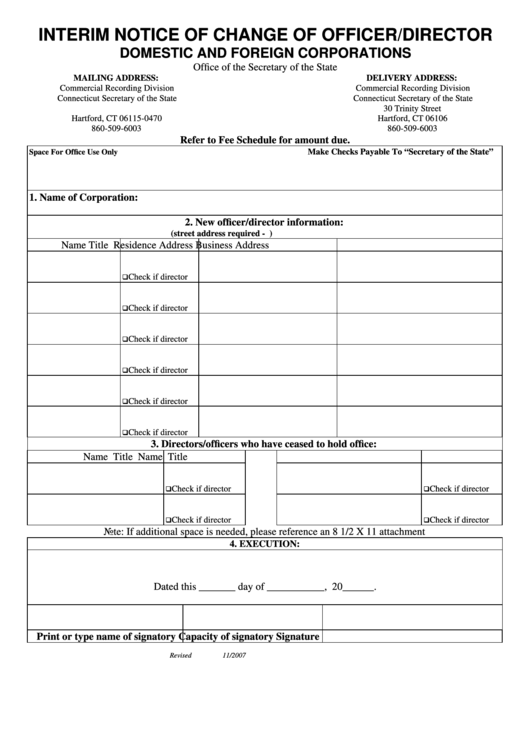 Interim Notice Of Change Of Officer/director - Domestic And Foreign Corporations - Connecticut Secretary Of The State Printable pdf
