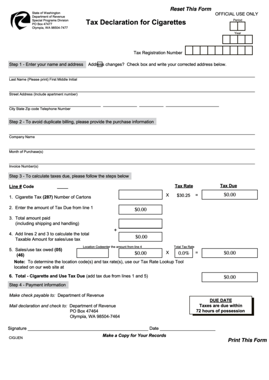 Fillable Form Rev 82 2090e - Tax Declaration For Cigarettes - 2010 Printable pdf