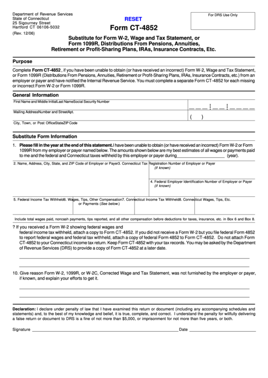 Fillable Form Ct-4852 12/06 - Substitute For Form W-2, Wage And Tax Statement - State Of Connecticut - Department Of Revenue Services Printable pdf
