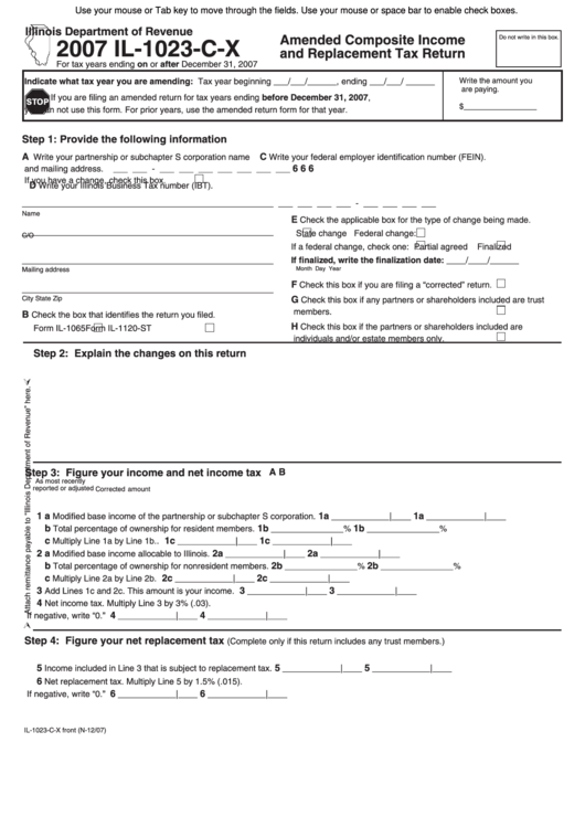 Fillable Form Il-1023-C-X - Amended Composite Income And Replacement Tax Return - 2007 Printable pdf