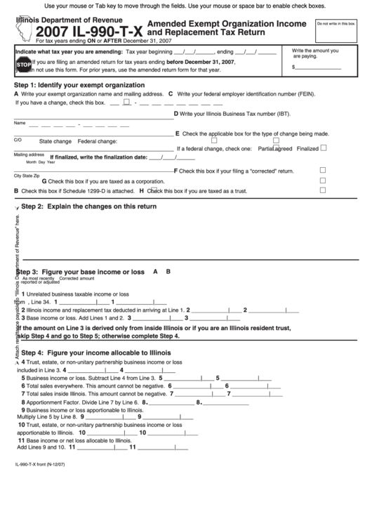 Fillable Il-990-T-X - Amended Exempt Organization Income And Replacement Tax Return - 2007 Printable pdf