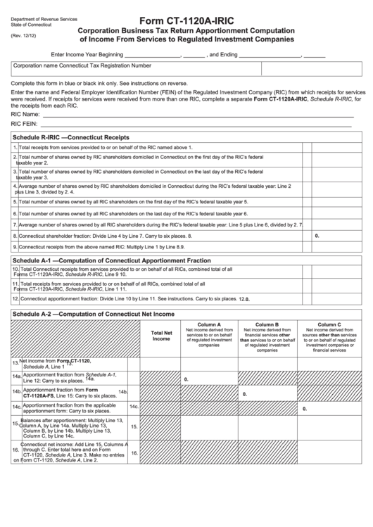 Form Ct-1120a-Iric - Corporation Business Tax Return Apportionment Computation Of Income From Services To Regulated Investment Companies - State Of Connecticut - Department Of Revenue Services - 2012 Printable pdf