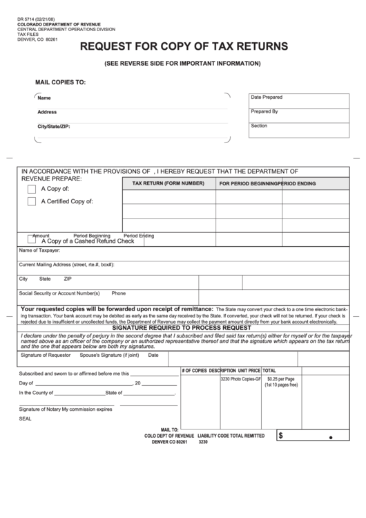 Fillable Dr 5714 2/21/08 - Request For Copy Of Tax Returns - Colorado Department Of Revenue Printable pdf