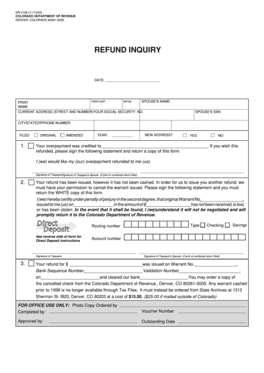 Dr 0138 11/13/03 - Refund Inquiry - Colorado Department Of Revenue Printable pdf
