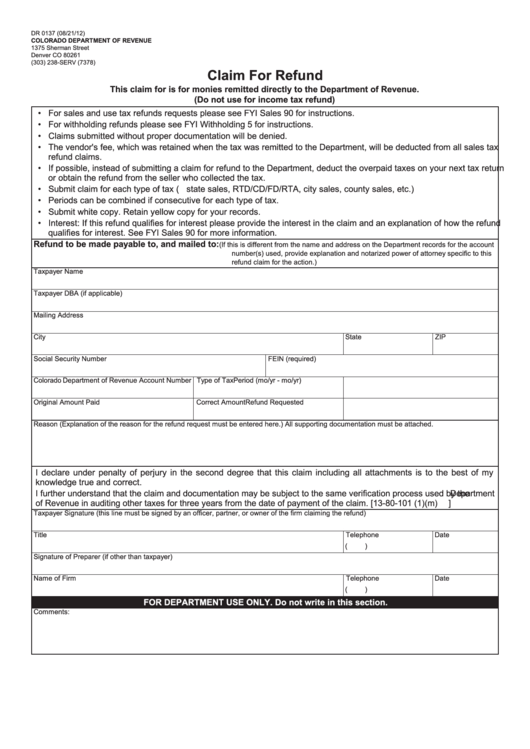 Form Dr 0137 - Claim For Refund Printable pdf