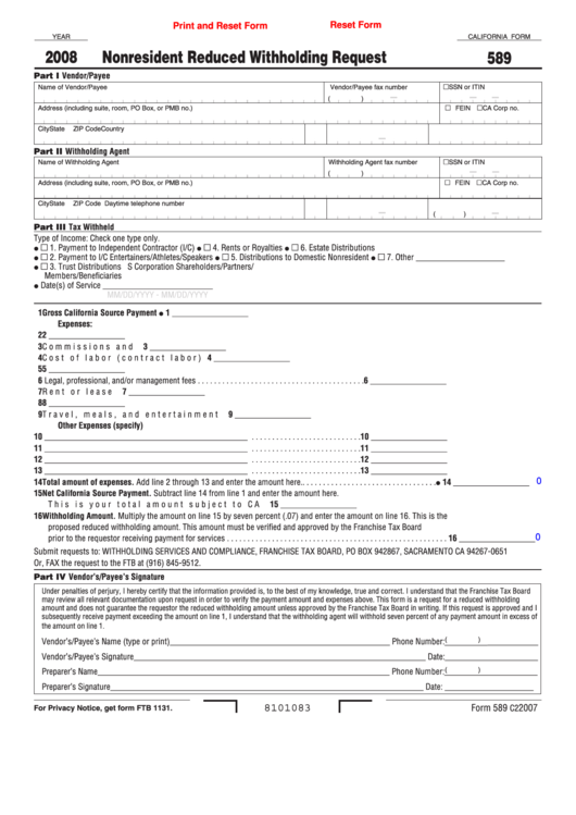 Fillable California Form 589 - Nonresident Reduced Withholding Request - 2008 Printable pdf