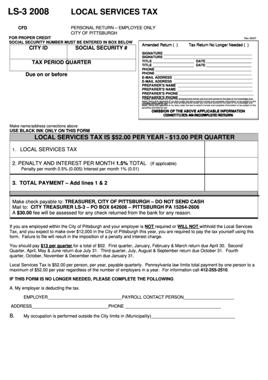 Form Ls-3 - Local Services Tax Personal Return - 2008 Printable pdf
