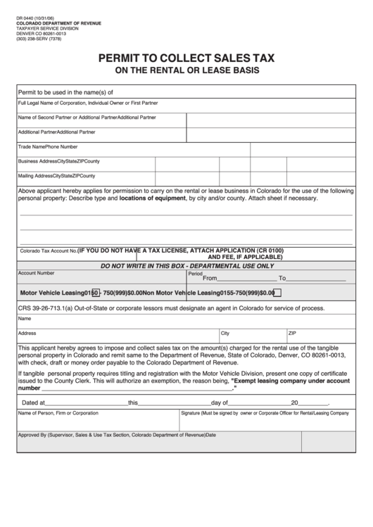 Form Dr 0440 - Permit To Collect Sales Tax On The Rental Or Lease Basis Printable pdf