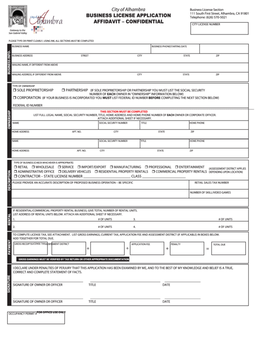Business License Application Affidavit Form - Confidential - City Of Alhambra, California Printable pdf