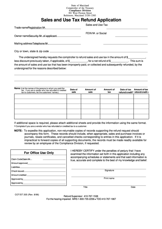 Cot/st 205 8/96 - Sales And Use Tax Refund Application Form - State Of Maryland Controller Of The Treasury Compliance Division Printable pdf