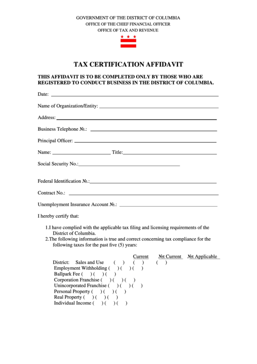 Tax Certification Affidavit - Government Of The District Of Columbia Printable pdf