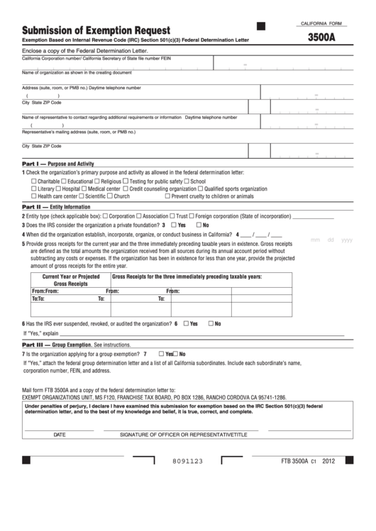 California Form 3500a - Submission Of Exemption Request Printable pdf