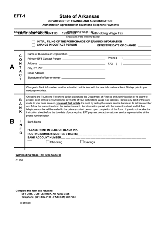 Form Eft-1 - Authorization Agreement For Touchtone Telephone Payments - 2009 Printable pdf
