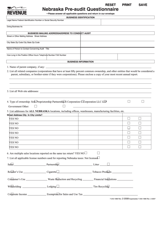 Fillable Nebraska Pre-Audit Questionnaire Template - Department Of Revenue Printable pdf