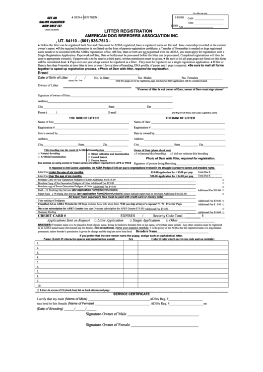 Litter Application Form - American Dog Breeders Association Printable pdf