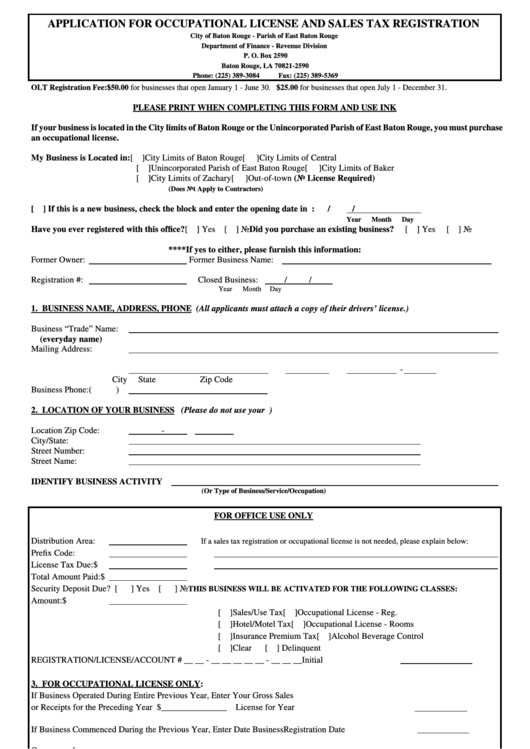 Application For Occupational License And Sales Tax Registration - City Of Baton Rouge Printable pdf