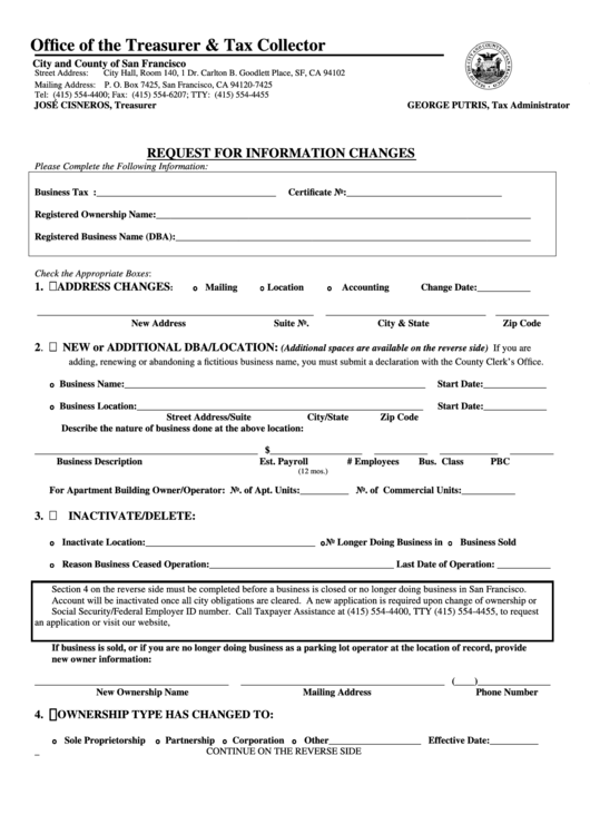 Request For Information Changes - City And County Of San Francisco - California - Office Of The Treasurer & Tax Collector Printable pdf