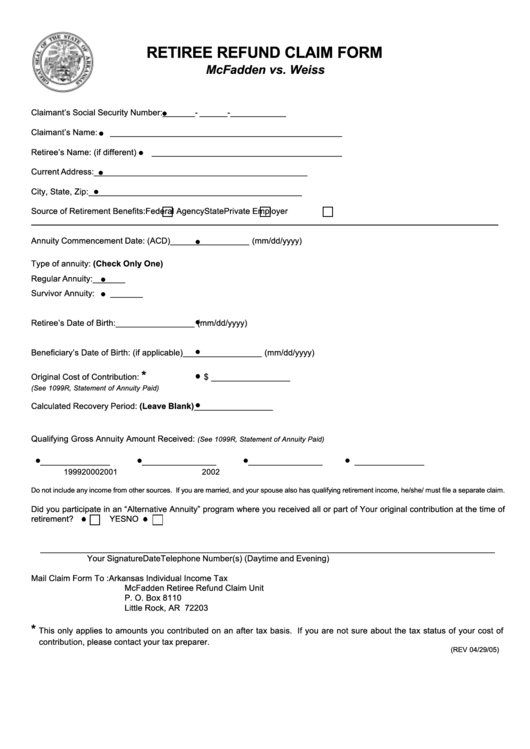 Retiree Refund Claim Form - Arkansas Individual Income Tax Printable pdf