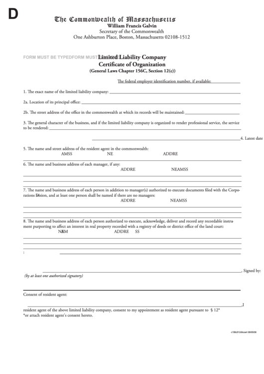 Fillable Limited Liability Company Certificate Of Organization Form - The Commonwealth Of Massachusetts Printable pdf