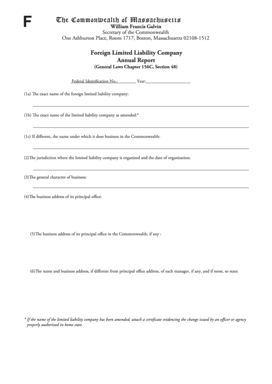 Fillable Foreign Limited Liability Company Annual Report Form - The Commonwealth Of Massachusetts Printable pdf