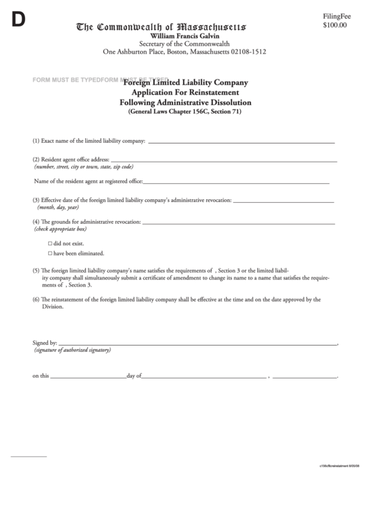 Fillable Form D - Foreign Limited Liability Company Application For Reinstatement Following Administrative Dissolution Form - The Commonwealth Of Massachusetts Printable pdf