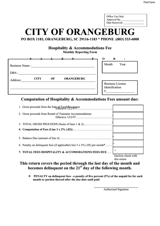 Fillable Hospitality & Accommodations Fee Monthly Reporting Form - City Of Orangeburg Printable pdf