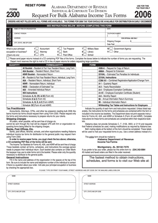 Fillable Form 2300 Request For Bulk Alabama Tax Forms 2006
