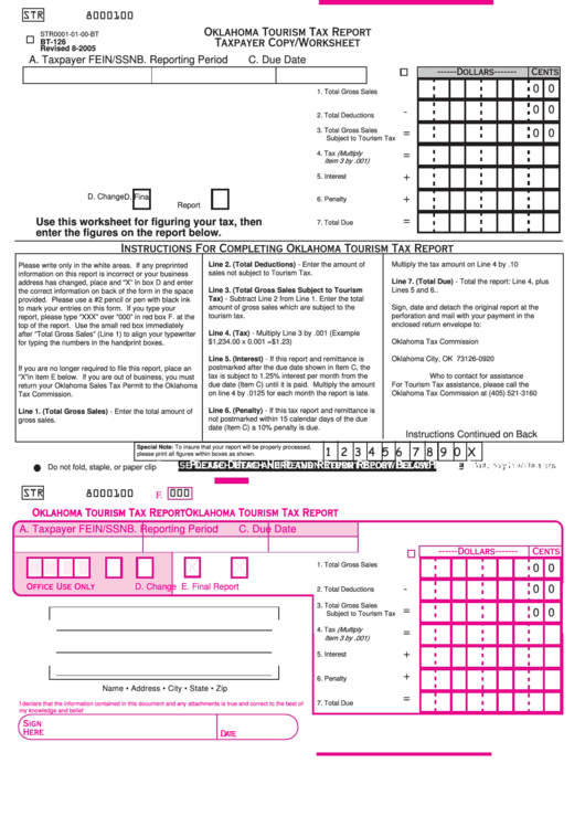 Fillable Oklahoma Tourism Tax Report Taxpayer Copy/worksheet Printable pdf