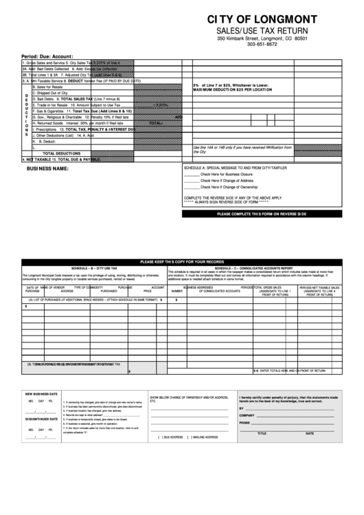 Sales/use Tax Return Form - City Of Longmont Printable pdf