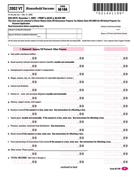 Vermont Form Hi-144 - Household Income - 2002 Printable pdf