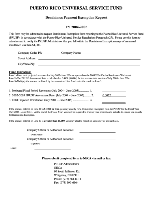 Deminimus Payment Exemption Request Form - Puerto Rico Universal Service Fund Fy 2004-2005 Printable pdf