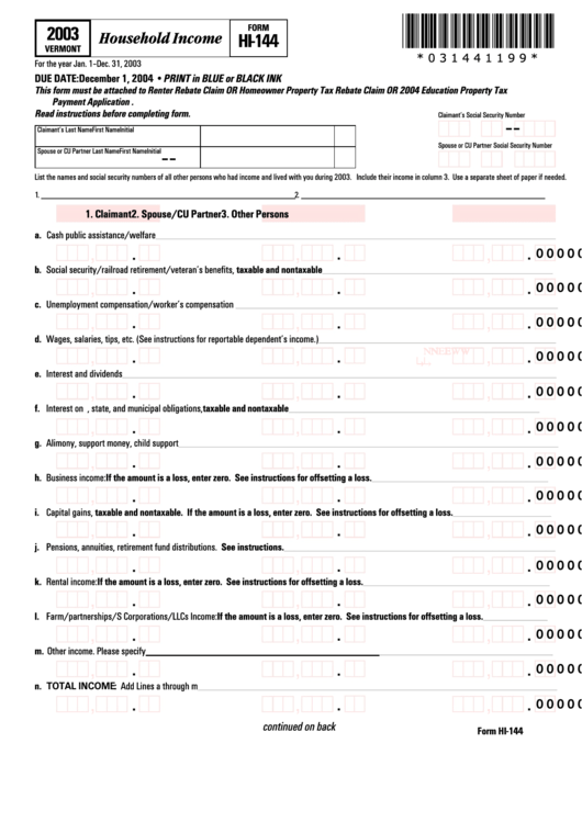 Vermont Form Hi-144 - Household Income - 2003 Printable pdf
