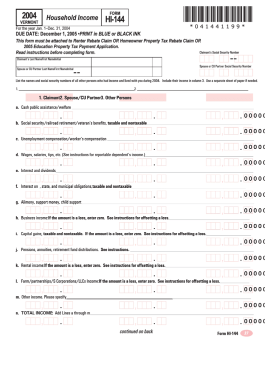 Vermont Form Hi-144 - Household Income - 2004 Printable pdf
