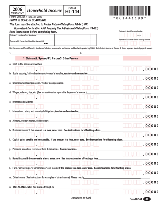 Vermont Form Hi-144 - Household Income - 2006 Printable pdf