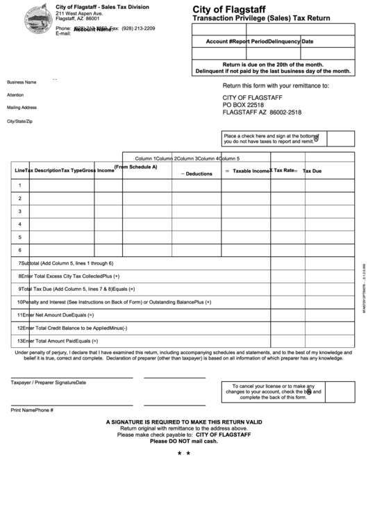 Transaction Privilege (Sales) Tax Return Form - City Of Flagstaff Printable pdf