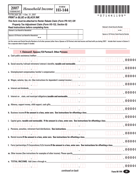 Vermont Form Hi-144 - Household Income - 2007 Printable pdf