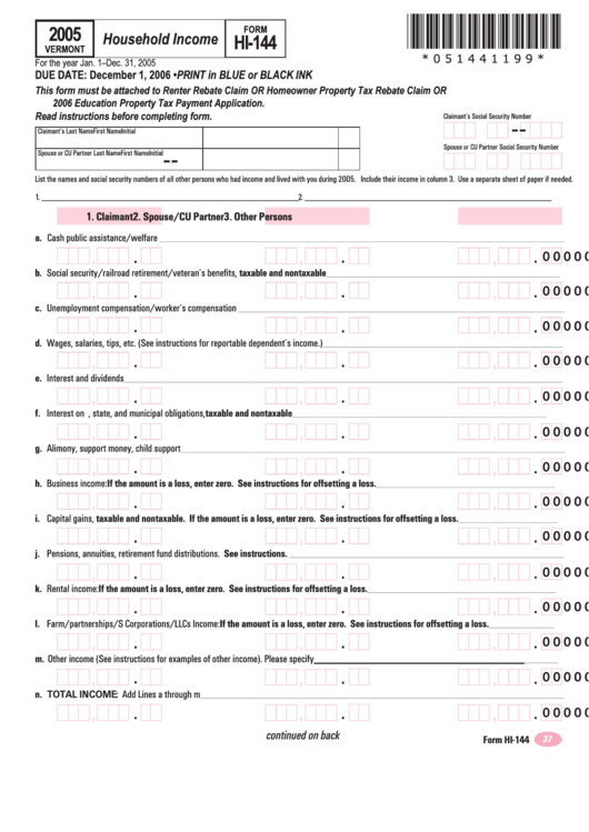 Vermont Form Hi-144 - Household Income - 2005 Printable pdf