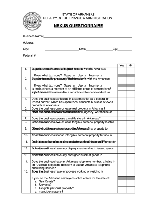 Fillable Arkansas Department Of Finance & Administration Nexus Questionnaire - 2002 Printable pdf
