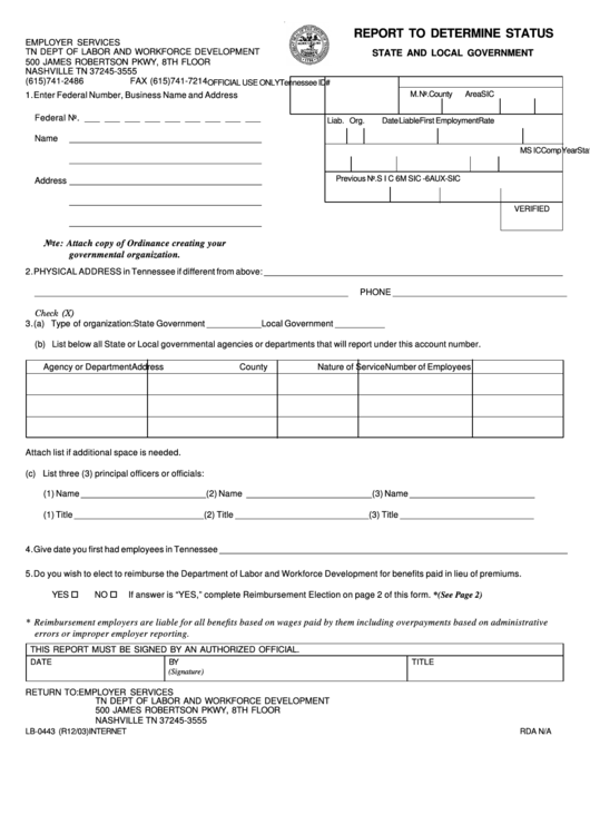 Form Lb-0443 - Report To Determine Status Printable pdf